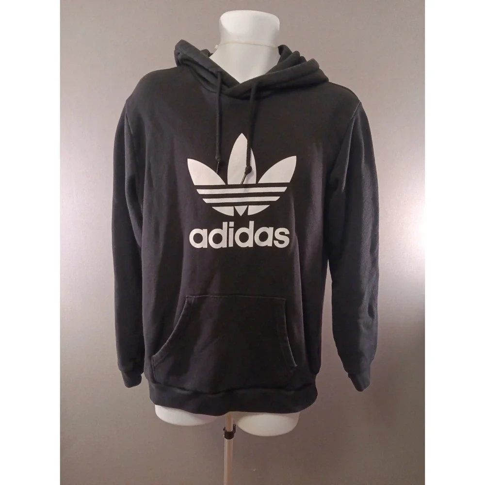 Adidas Cotton Hoodie Size M Men Black Spellout 3 Stripes Trefoil Pullover Y2K